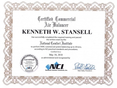NCI Certified Commercial Air Balancer, Kenneth Stansell