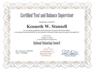 NBC Certfied Test & Balance Supervisor, Kenneth Stansell
